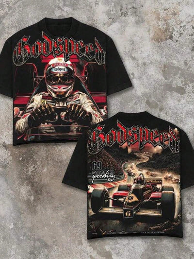 Graphic-Shirt Cotton Tees Size Plus,Man's T-Shirt Y2K With Godspeed Racing Skull Double-Sided Print Man's Summer Round Neck Short Sleeved Casual Cotton Print T-Shirt ,Y2K,Oversized Shirt Men,Summer Tops